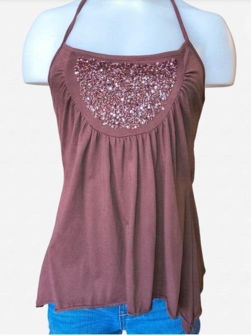 Lily White Brown Beaded Halter Camisole
